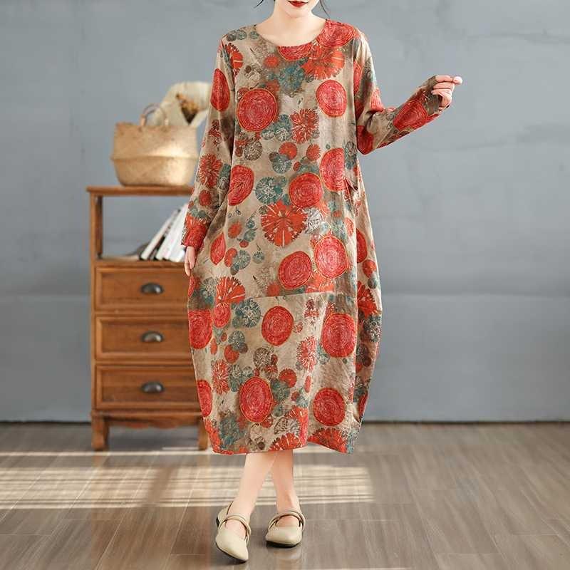 New Retro Printed Round Neck Loose Plus Size Long Dresses