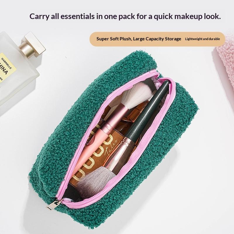 Cute Zipper Plush Large Solid Color Cosmetic Bag Makeup Bag for Women Travel Make Up Toiletry Bag Washing Pouch Pen Pouch