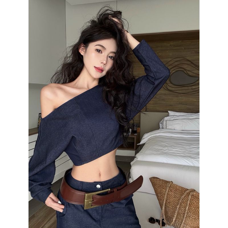 

Kumikumi Fashion Suit Oblique Shoulder Midriff-Baring Long Sleeve Shirt Women Autumn Draped Casual Pants Loose Pants Two-piece Set Belt L