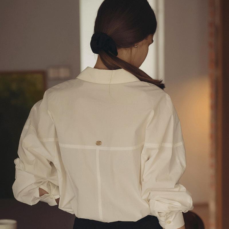 [Clearance and leak picking] Pure cotton long-sleeved shirt commuter cotton women's clothing design sense line cutting lapel shirt women