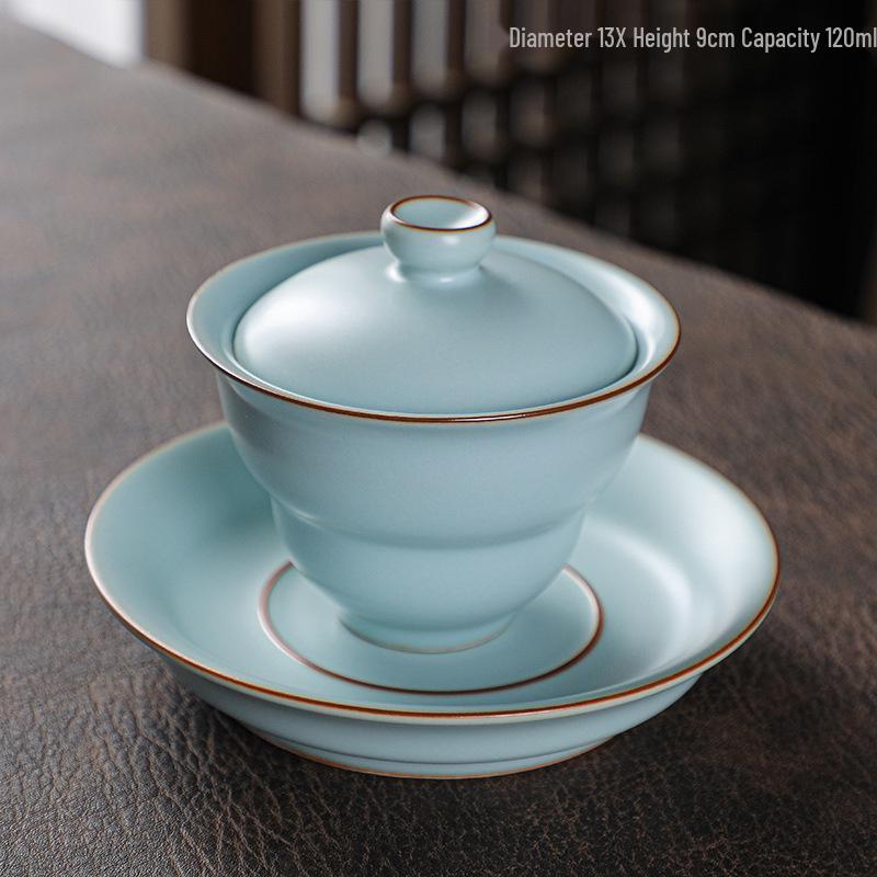

Sky Blue Ru Kiln Ceramic Tea Set: Covered Bowl, Crackle Porcelain, High-Grade Kung Fu Style with Three Talents Cups. See details