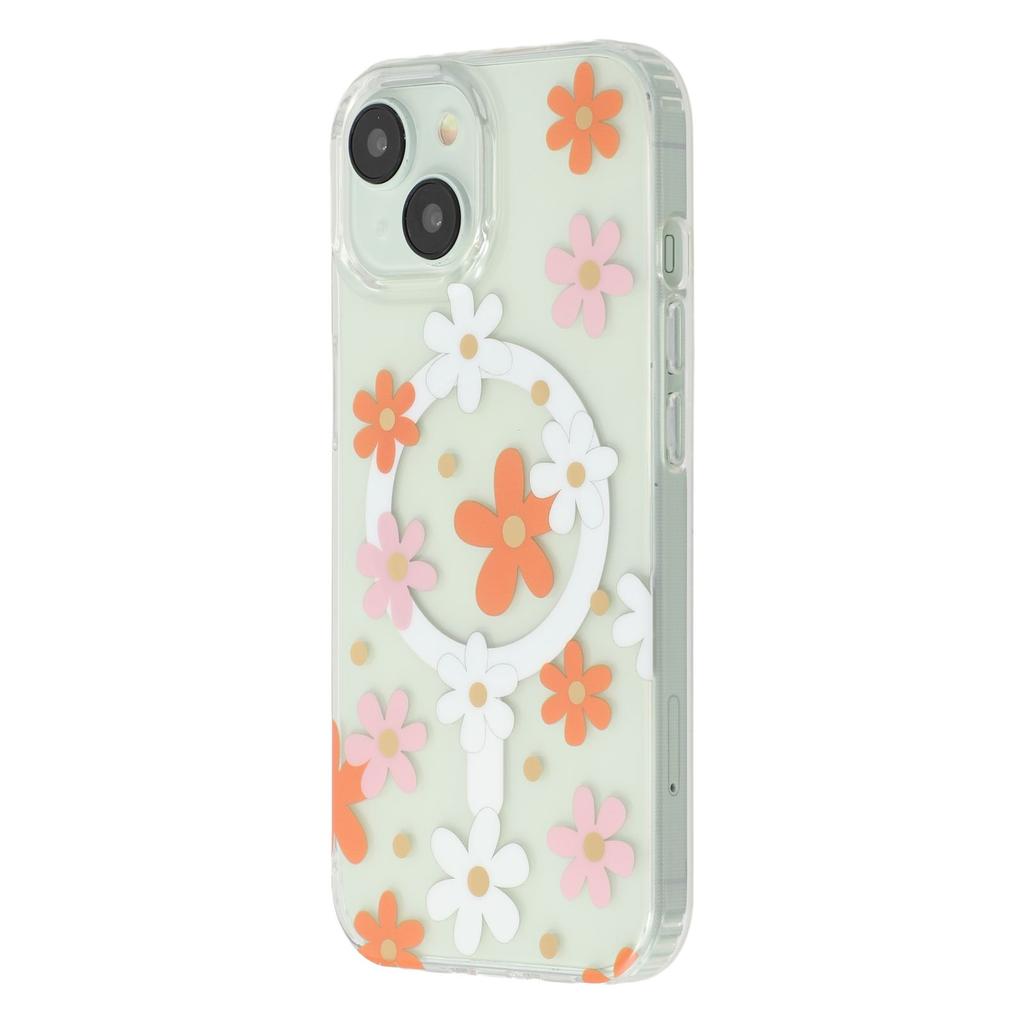 For iPhone 15 Magnetic Case IMD Flower Pattern TPU+PC Clear Back Phone Cover