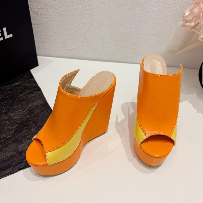 Fashion Fish Mouth Thick Sole Wedged-heel Mixed Color Outdoor Slippers Women Summer Waterproof Table Fashionable Sponge Bottom Sandals