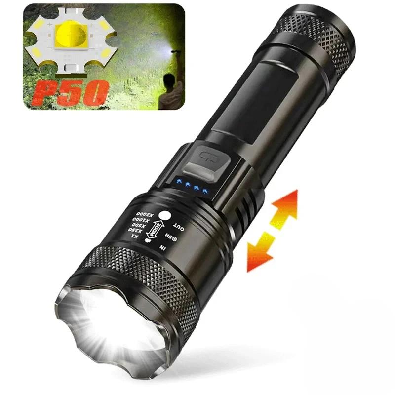 9900LM Powerful LED Flashlight Battery Display USB Rechargeable Light Telescopic Zoom Torch Lamp Outdoor Camping Fishing Lantern