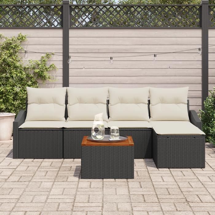 VidaXL Ensemble de Canapés de Jardin de 6 Pièces avec Coussins Noir Poly Rattan Acacia 3347817
