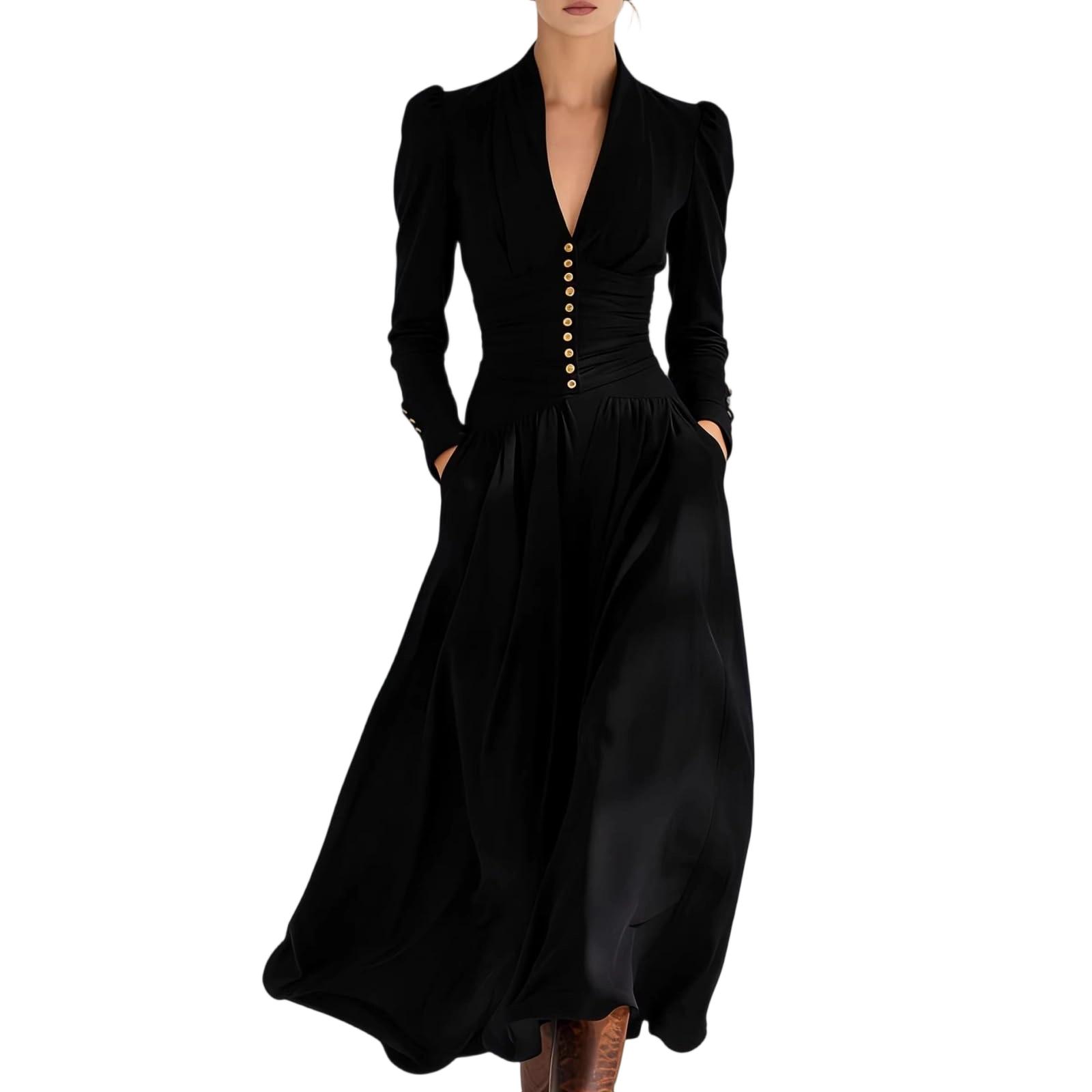 Women s Pleated Color Deep V-long Sleeved Dress L