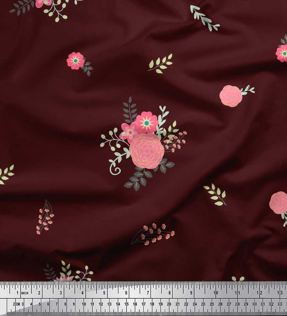 Soimoi Japan Crepe Satin Fabric Leaves,Aster & Camellia Flower Printed Craft Fabric by the Metre 42 Inch