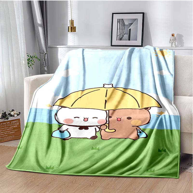 

Bear and Panda Big Head Print Flannel Blanket, Purple Background Throw Blanket 80cm x 120cm