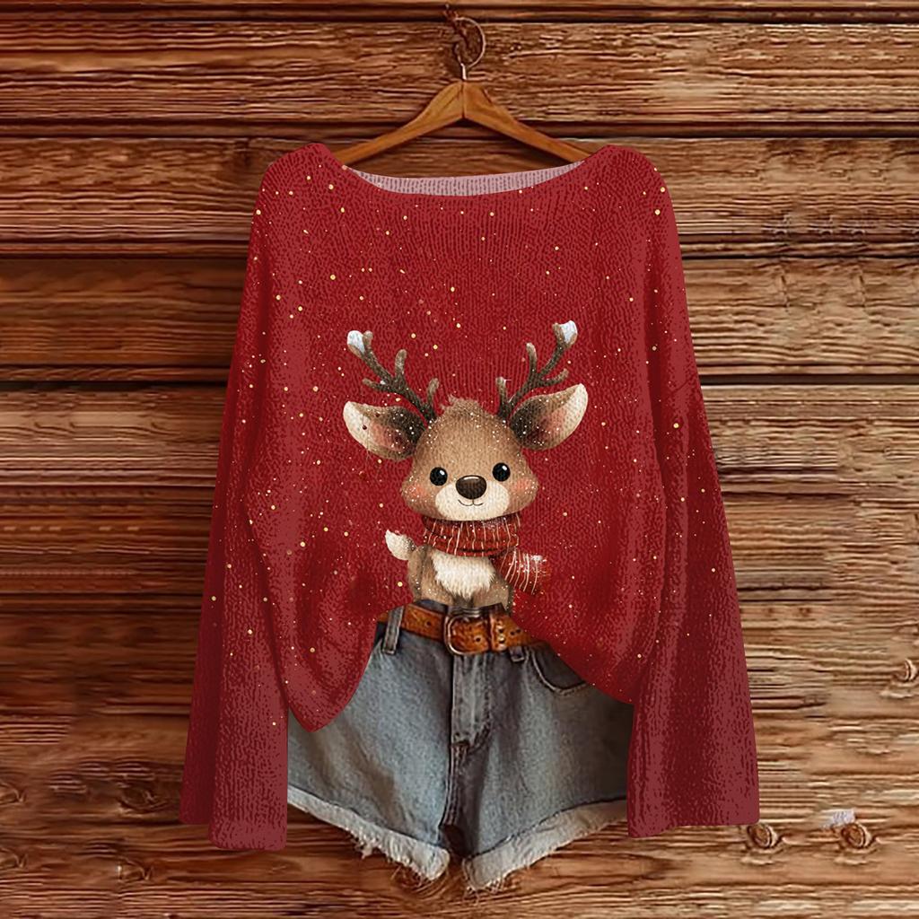 Women's Fashion Christmas Print Lightweight Sweater Casual Long-Sleeve Knit Pullover Top
