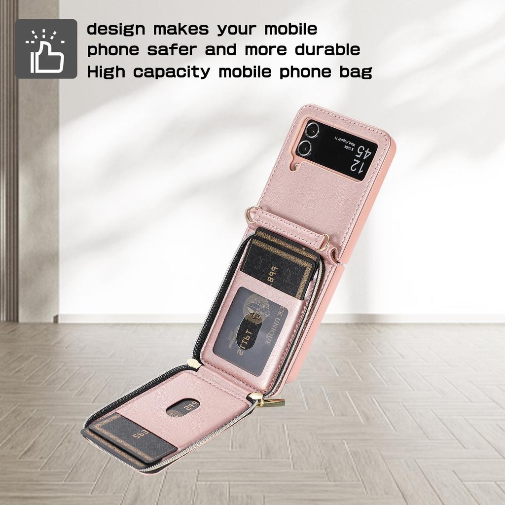 Crossbody Card Holder Wallet Case for Samsung Galaxy Z Flip 7 FE 6 5 4 3 5G Flip6 Wrist Strap Zipper Vegan Leather Phone Cover