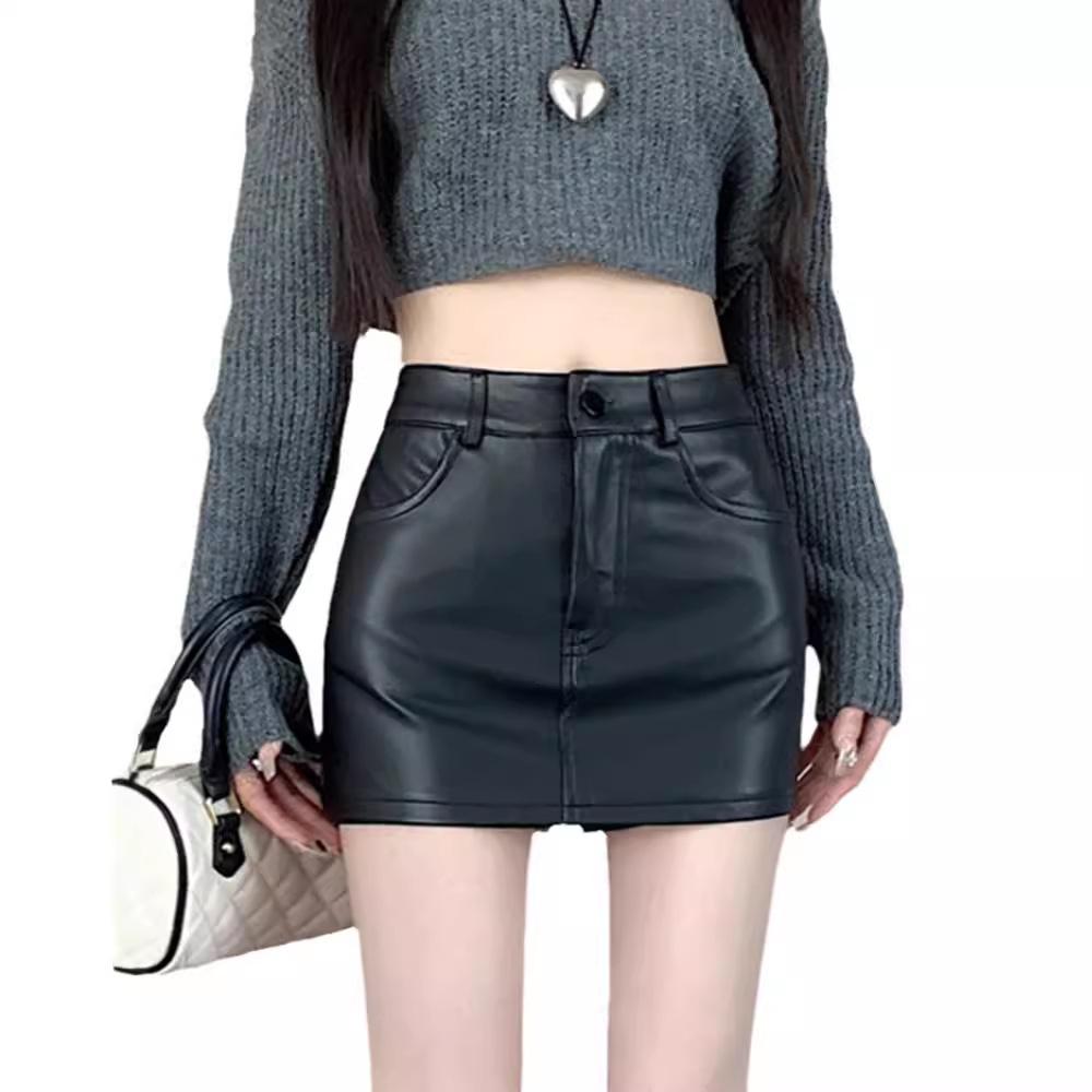 Women's Fall Winter Black A-Line Bodycon Skirt Pants High Waisted Slimming PU Leather Shorts Mini Shorts Versatile Slim Fit Hot Pants