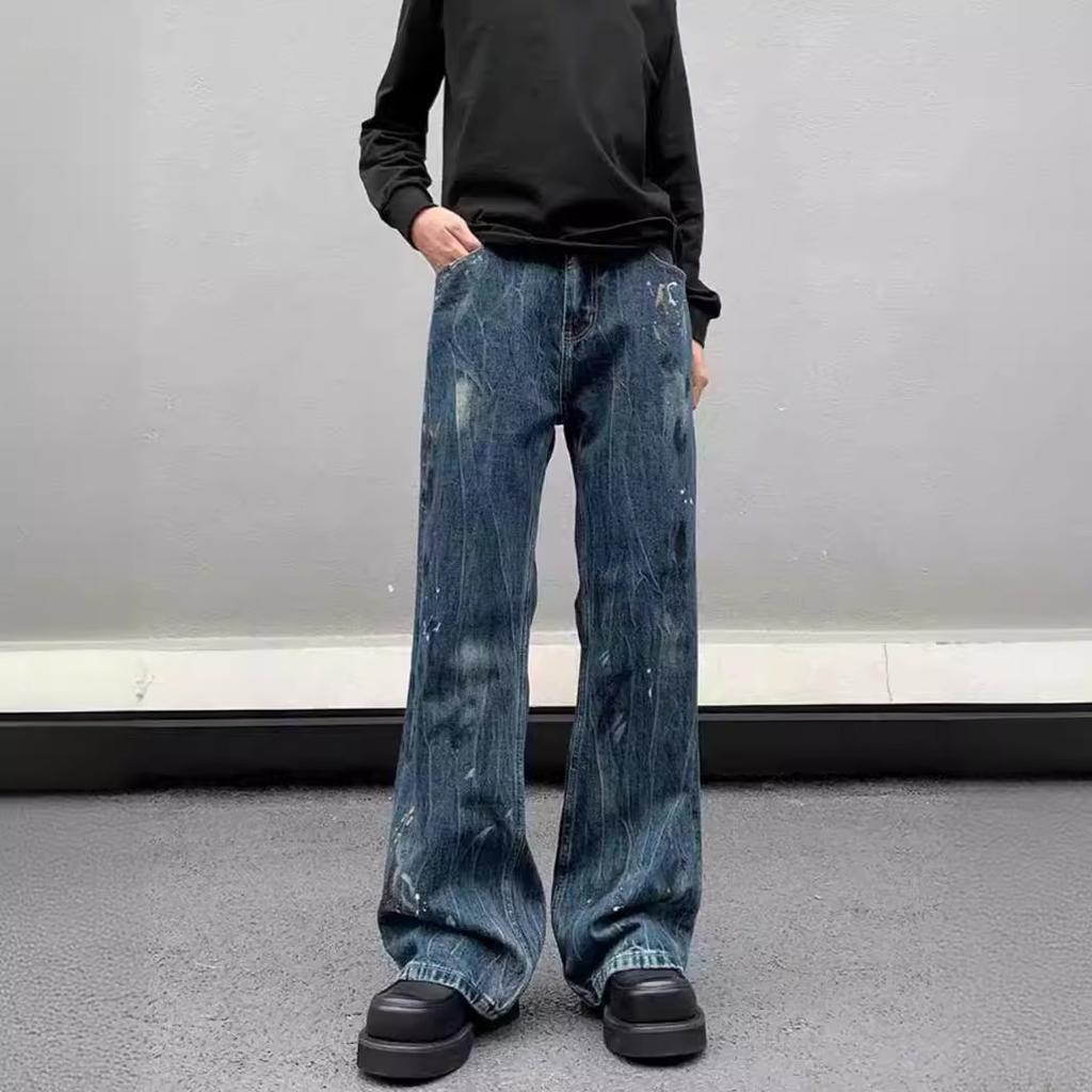 American High Street Ink Splashing Design Sense Niche Jeans Men's Autumn Trendy Brand Cleanfit Straight Loose Long Pants
