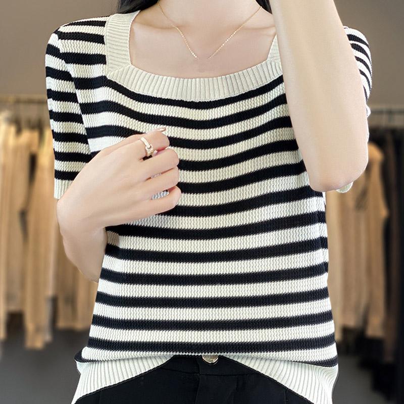 Women Sweaters Pullovers 2025 Summer Short Sleeve Square Collar Striped Black Knitted Sweater Women Tops Pullover JJ254