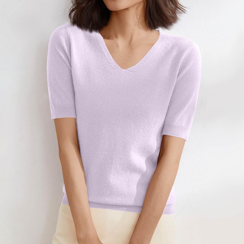 Women's Sweater T-Shirt Short Sleeve Knitted Tops Pullover V-Neck Sweater Lightweight Casual Color Sweater Elegant Spring Summer Tops