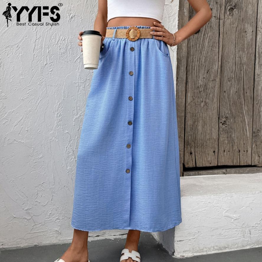 

YYFSK Women s Solid Color Print Casual Summer Spring Skirts S синій