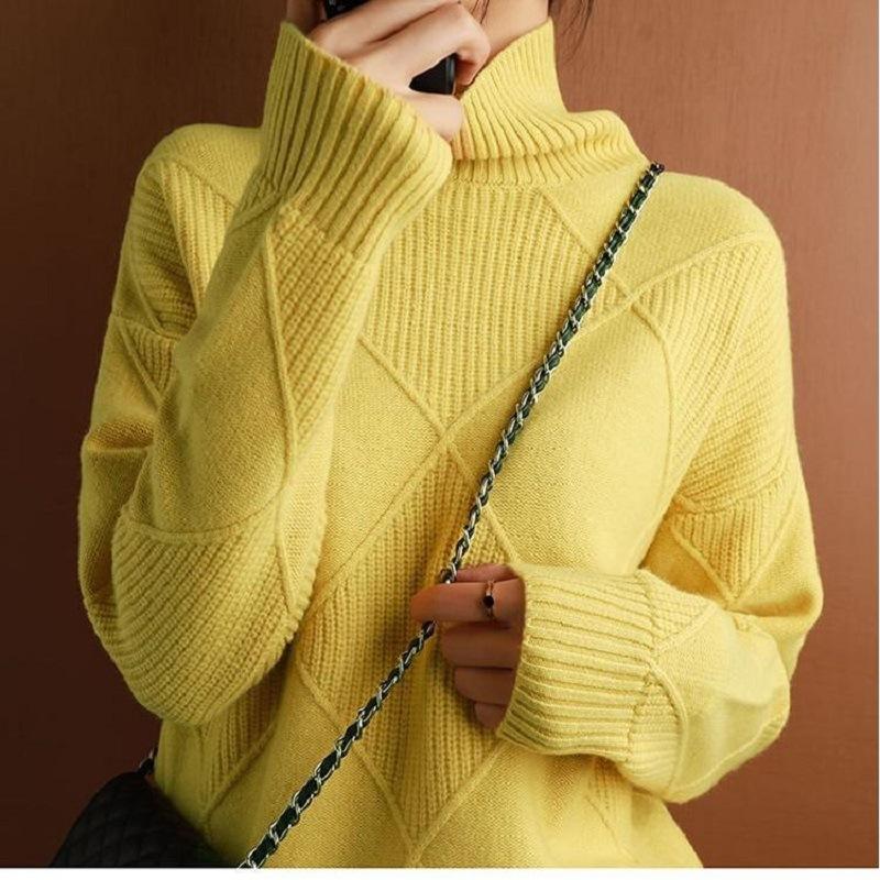 

Осень и зима свободная верхняя одежда клетчатый водолазка вязаный свитер универсальный повседневный высококлассный темперамент базовый свитер-водолазка женский 411-227 (average size) жёлтый