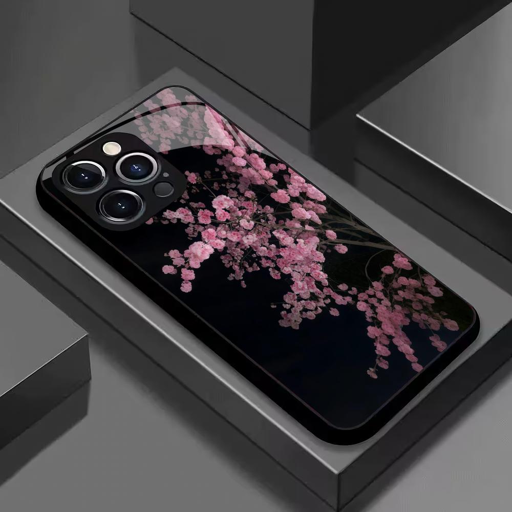Cherry Blossom Tree Pattern Tempered Glass Phone Case Suitable for iPhone 17 16 15 14 13 12 11 Pro/Max/Plus Anti Drop Back Cover