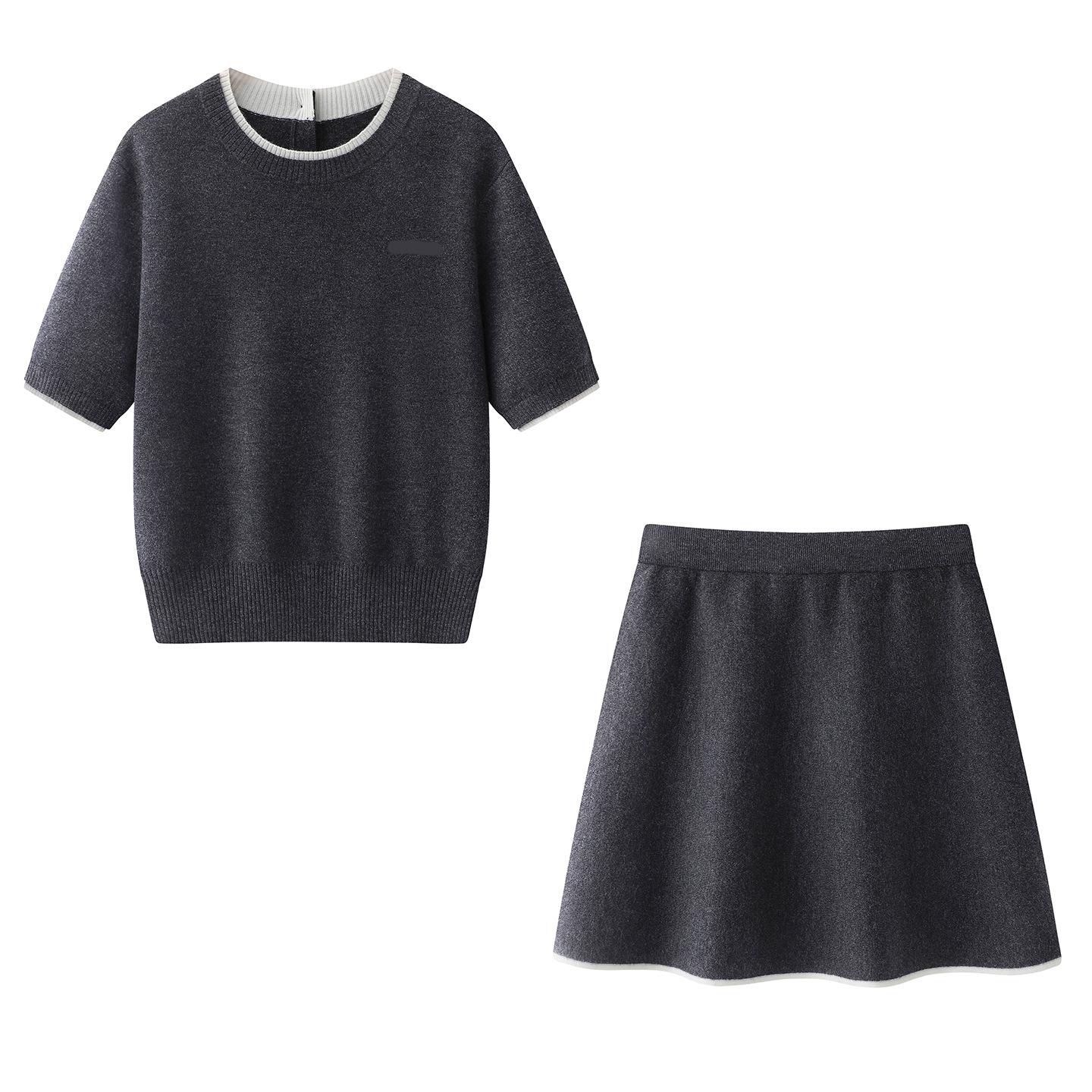 

2026 Spring Women s Knit Top & A-line Short Skirt Two-Piece Dress Large темно-сірий