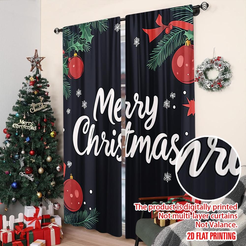 2pcs 2D flat printing Merry Christmas Window Curtains Merry Christmas leaves Durable 100% Polyester Fabric Without Electricity
