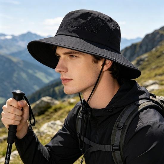 Bob en maille respirante à séchage rapide, protection solaire UPF, large bord, coupe-vent, avec cordelette, idéal pour la randonnée et la pêche.
