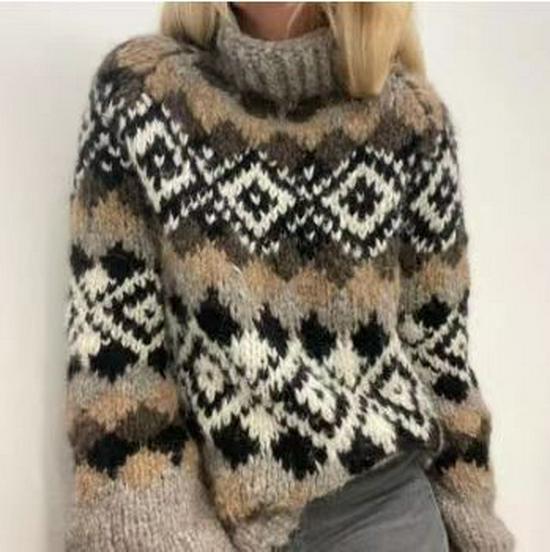 Women's High Neck Color Block Loose Knit Sweater