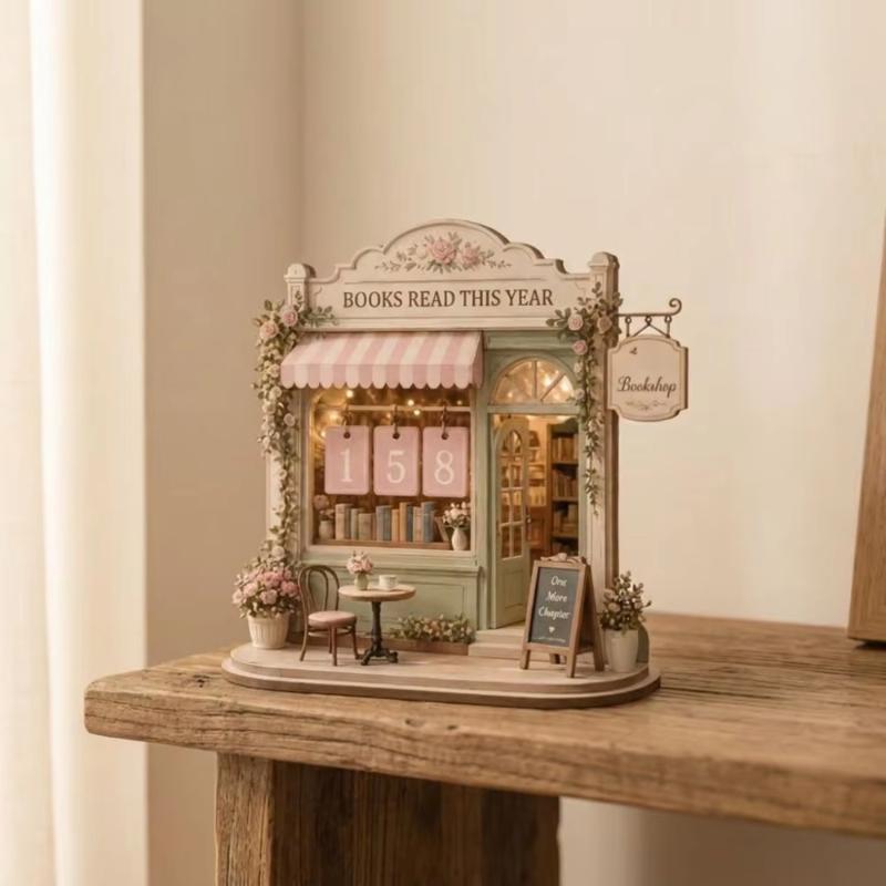 2D Flat Wooden Reading Tracker Vintage Book Calendar Book Tracker Sign Fairy House Flip Tile Counter Reading Challenge Tracker
