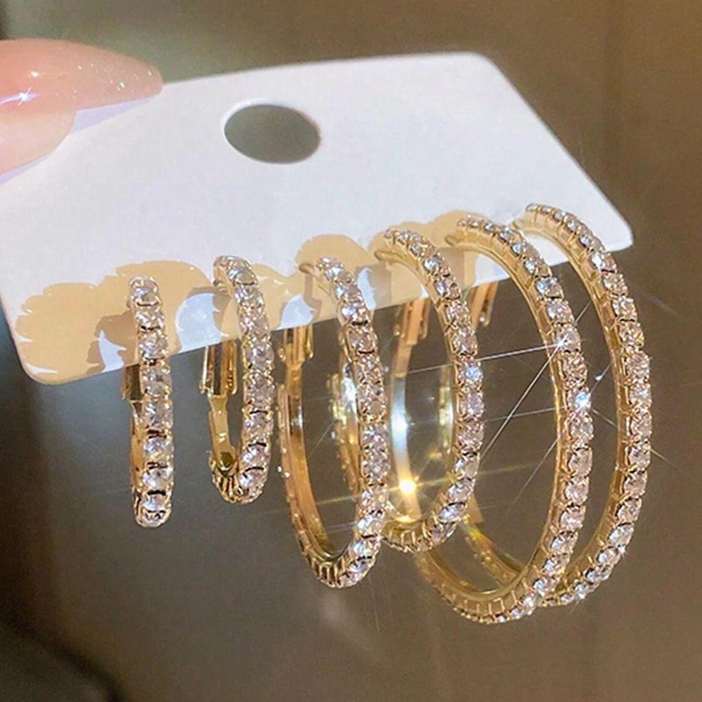 European and American Fashion Shiny Rhinestone Hoop Earrings - Creative Minimalist Design, Set of Three Pairs