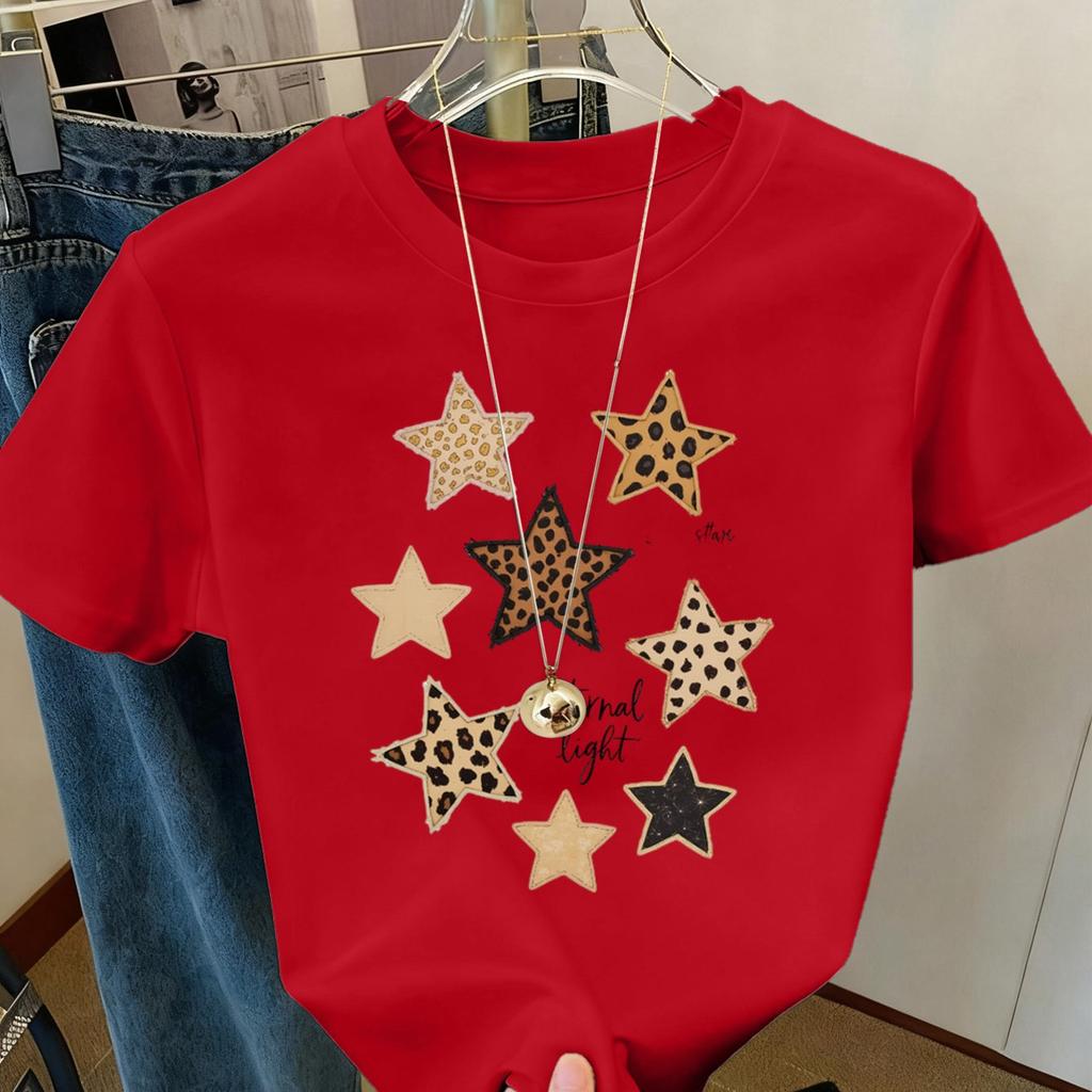 Leopard Star Printed Women's T-shirt, this casual summer top is a round neck short-sleeved patterned T-shirt