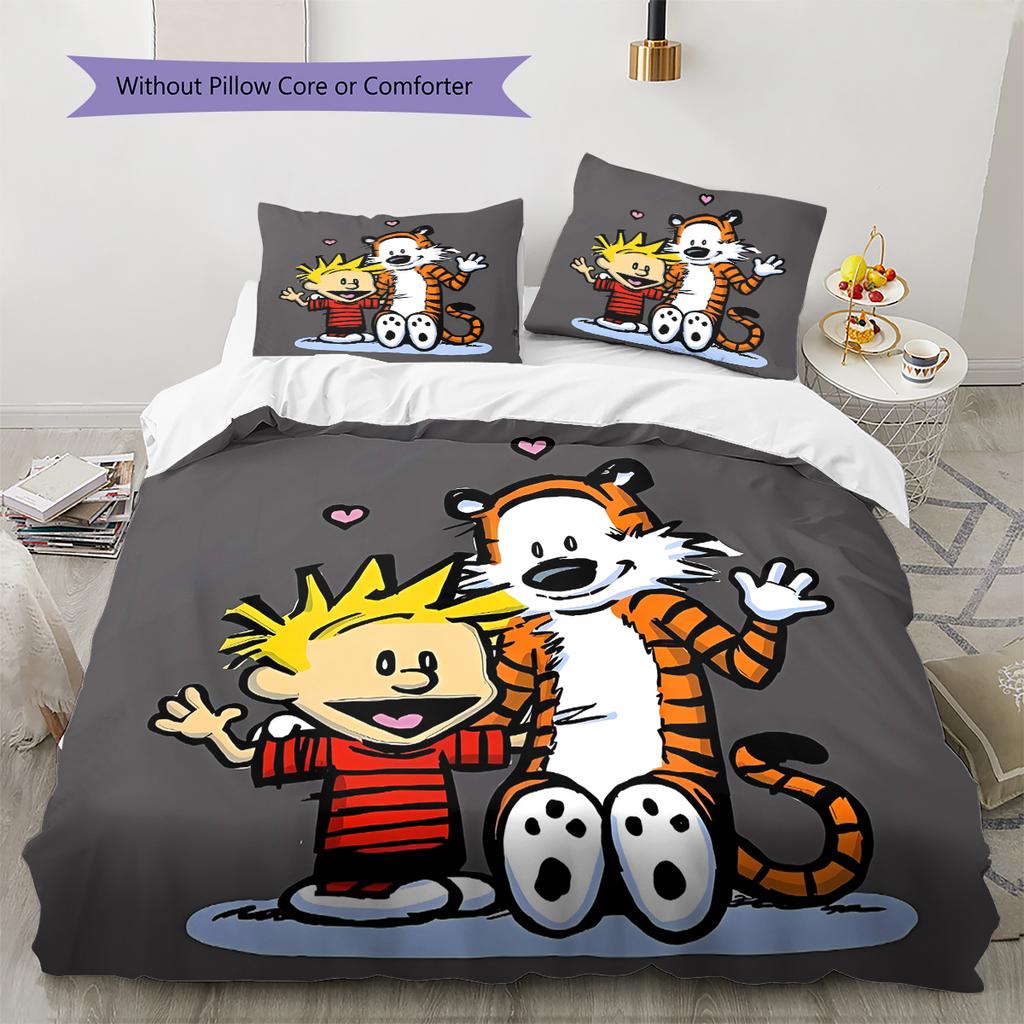 Calvin and Hobbes Pattern Bedding Quilt Set Quilt Cover Pillowcase Home Decoration Gift (1 * Duvet Cover + 2 * Pillowcase, Without Core)
