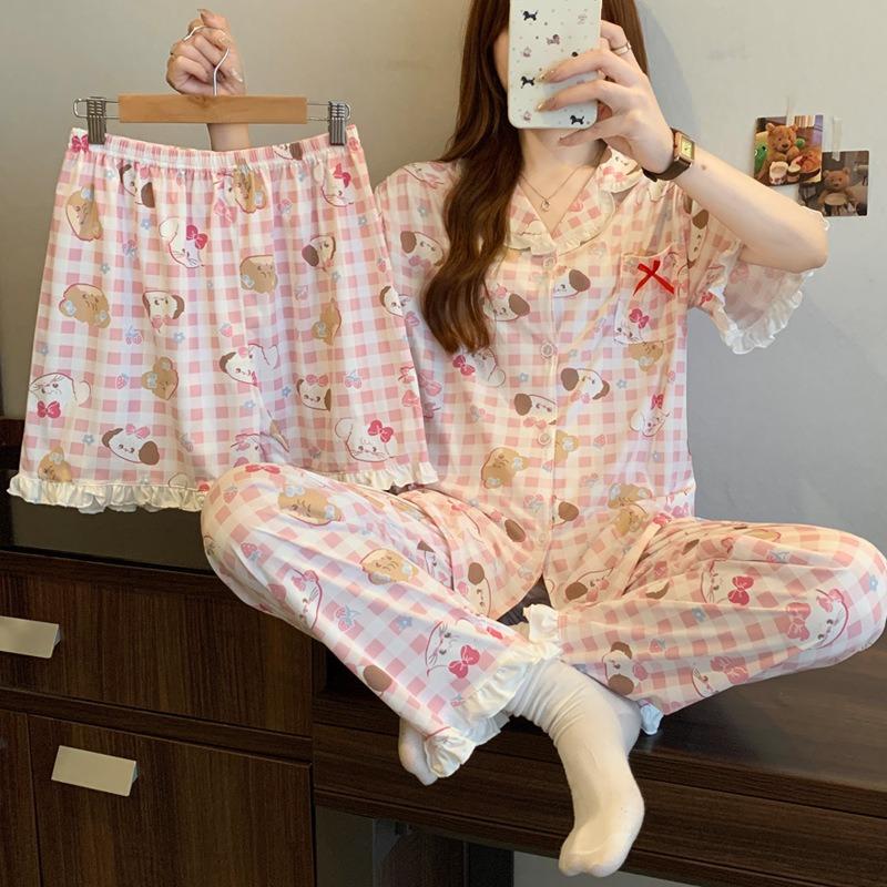 

Ikko pink plaid imitation cotton pajamas women s summer new sweet lace short-sleeved three-piece loungewear 2XL [Recommended 135-75kg]