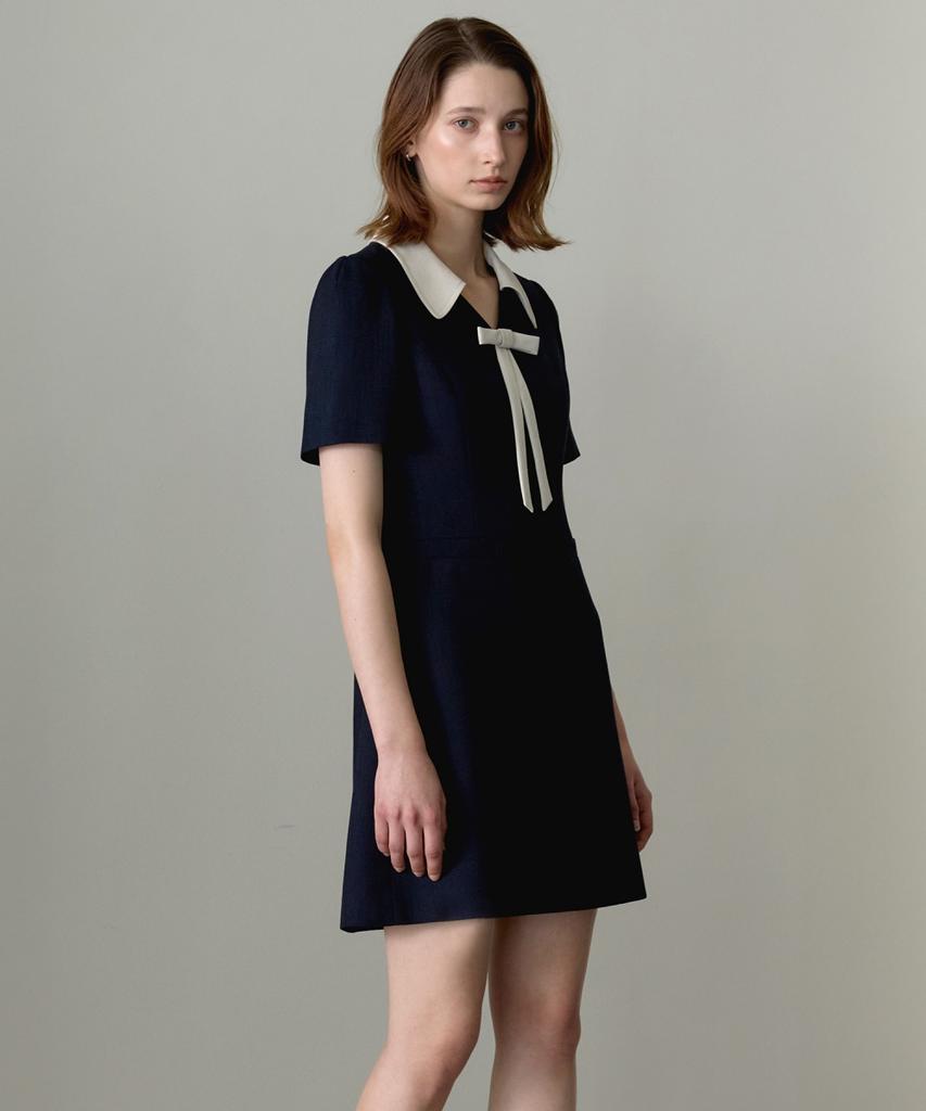 Ollibeudeollibeu Contrast Collar Ribbon Tie Mini Dress Ow6Mo4160