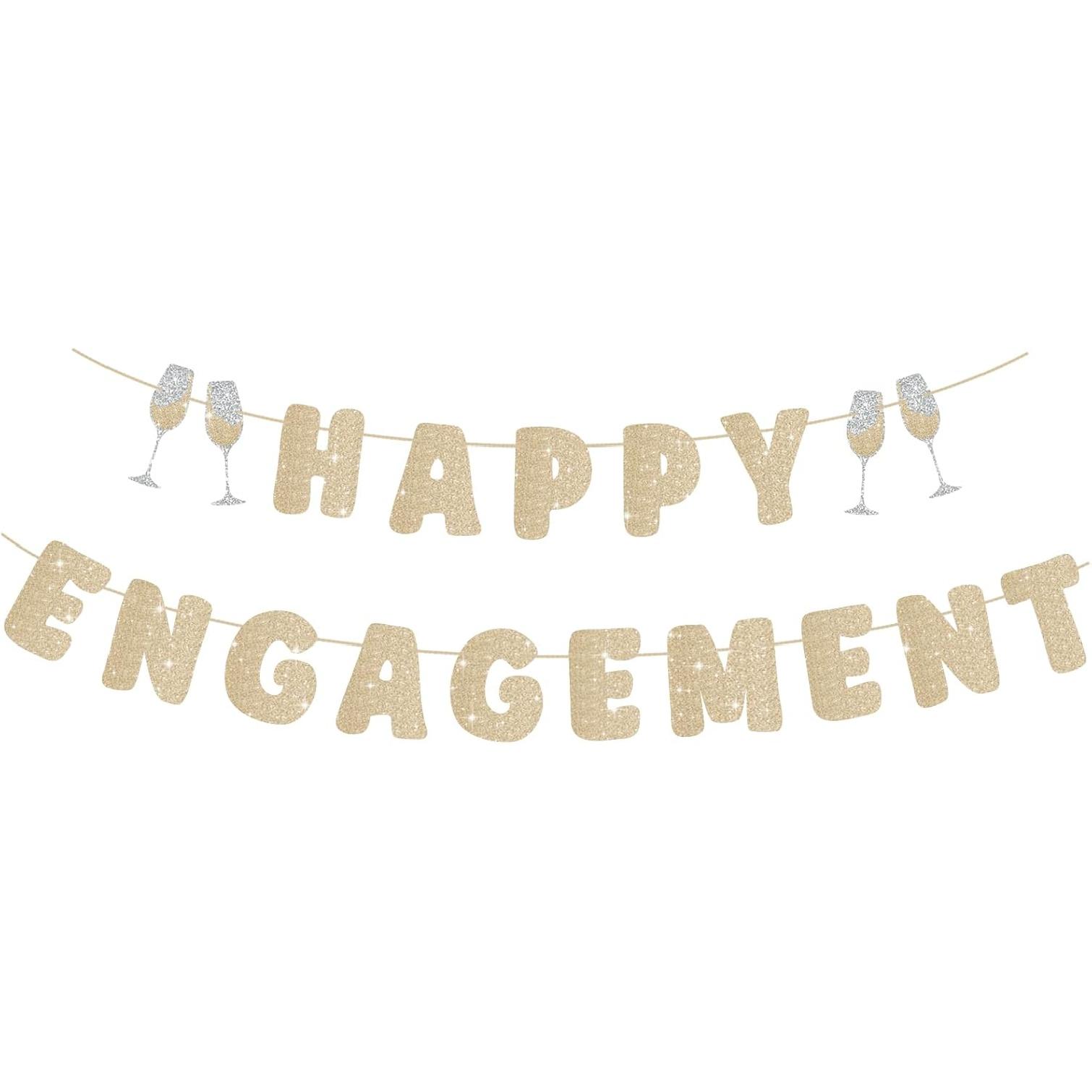 Engagement Party Decorations, Pre-Strung Happy Engagement Banner, Glitter Just Engaged Banner with Glass, Couples Shower Decorations For Happy
