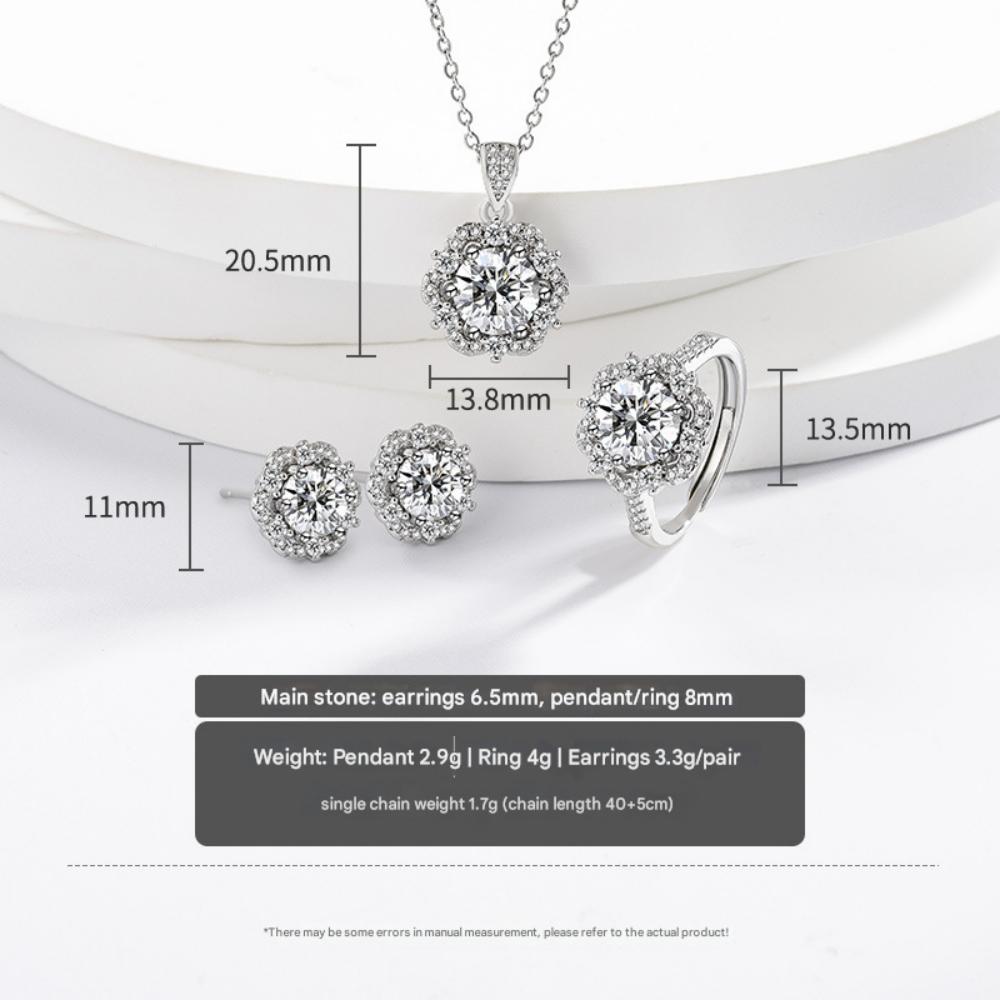 925 Sterling Silver Fashion Light Luxury Zircon Plum Blossom Shape Ring Stud Earrings Pendant Three-piece Birthday Gift
