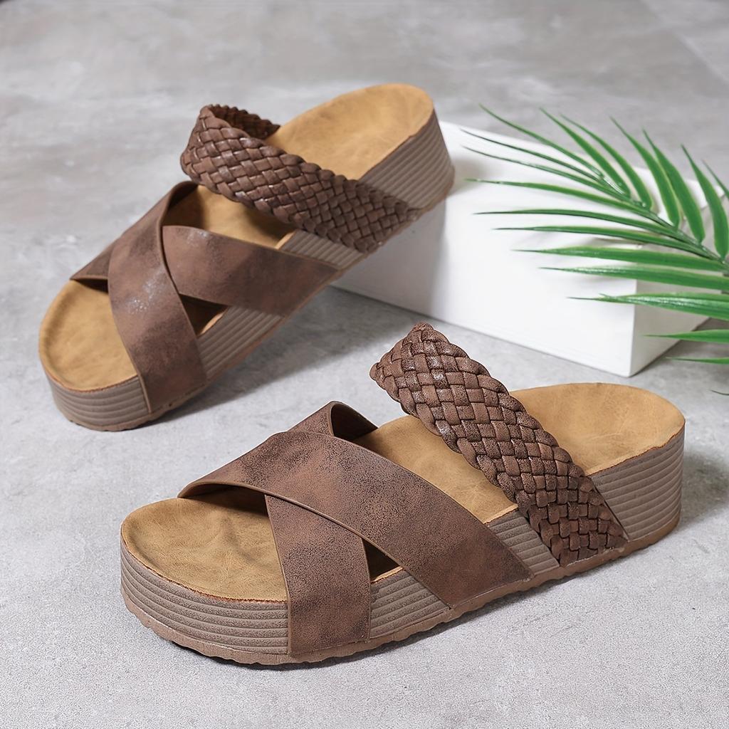 Thick Sole Platform Summer Slide Sandals - Chic Women's Casual Open Toe Shoes with Braided Detail, Cross-straps, Solid Colors, Woven Bag