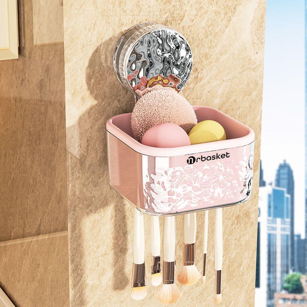 

Пластиковая присоска для хранения пуховок, настенная коробка, экономящая место, сушилка для кистей для макияжа, съемный очиститель для кистей для макияжа розовый