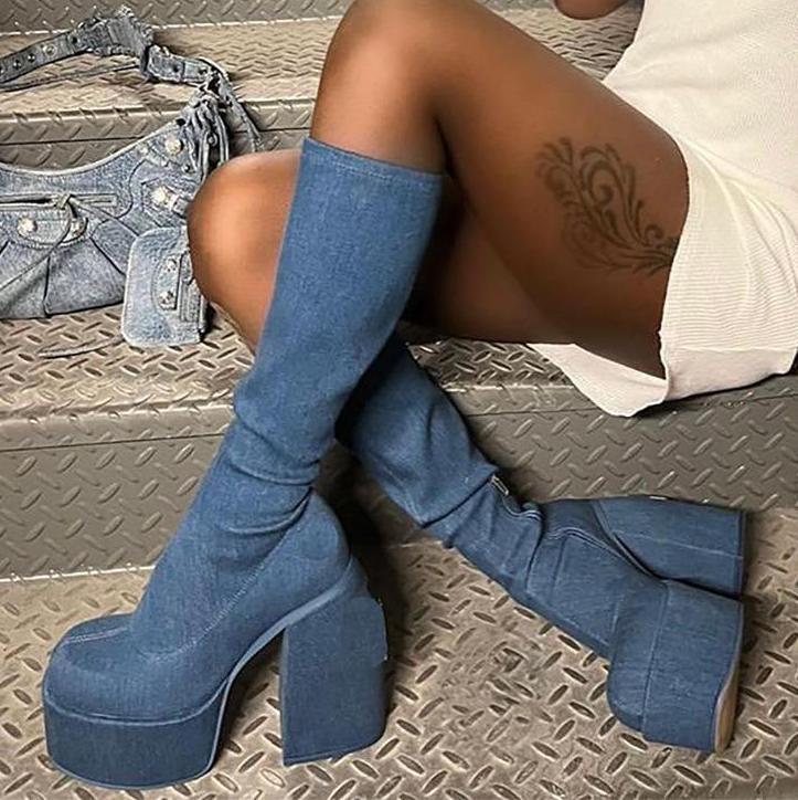 Sexy Dijlaarzen Dames Blok Dikke Hoge Hakken Merk Feest Platform Over de Knie Laarzen Vrouwelijke Straatschoenen Vrouw Botas Femininas