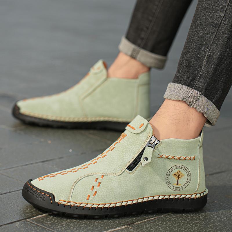 Handmade Leather Casual Shoes For Men Sneakers Men Flat Footwear Zipper Leather Boots Men Ankle Plus Size 39-48