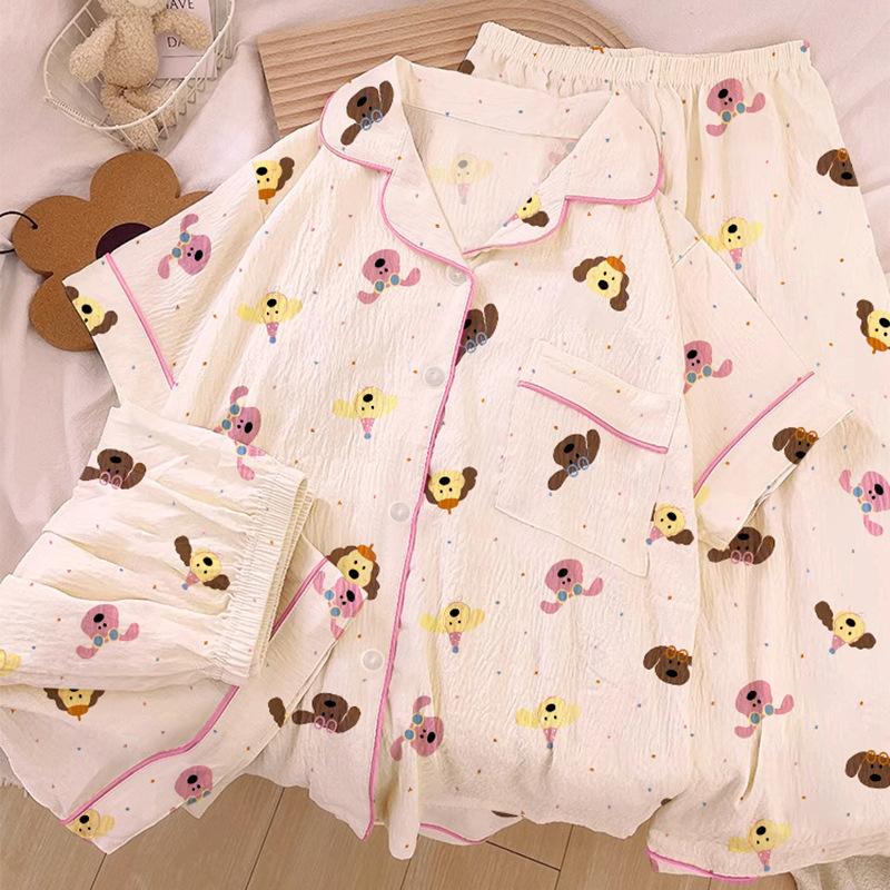 Homewear Cloud Cotton Frühling und Sommer Pyjama Damen Kurzarm Hose Cartoon Welpe Mädchen Dreiteiler