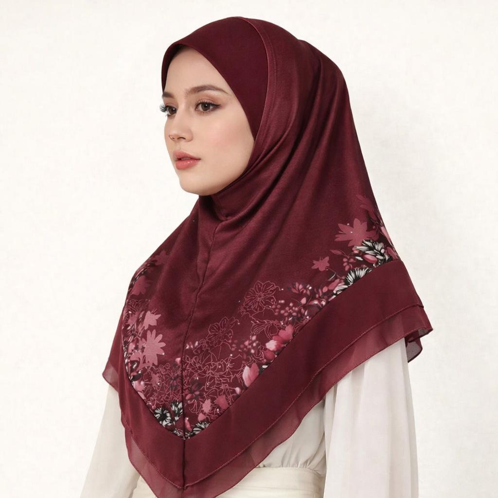 Instant Tudung Bawal Hijab Shawl, Double Layer Plain Polyester Embroidery Scarf for Women Raya Wear Premium Accessories
