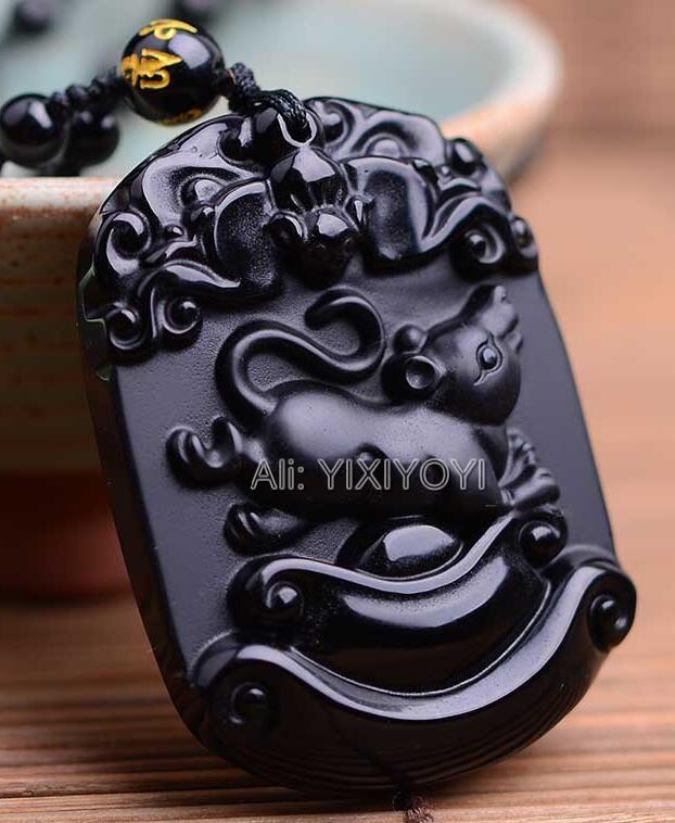 Naturalny Czarny Obsydian Rzeźbiony Chiński Starożytny Dwanaście Zwierząt Zodiaku Szczęśliwy Amulet Wisiorek Koraliki Naszyjnik Modny Prezent Biżuteria