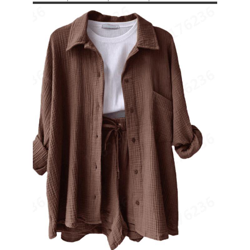 And Summer New Arrival Women's Clothing Fashion Style Champray Lapel Long Sleeve Shirt High Waist Drawstring Shorts Fashion Casual Two-Piece Suit