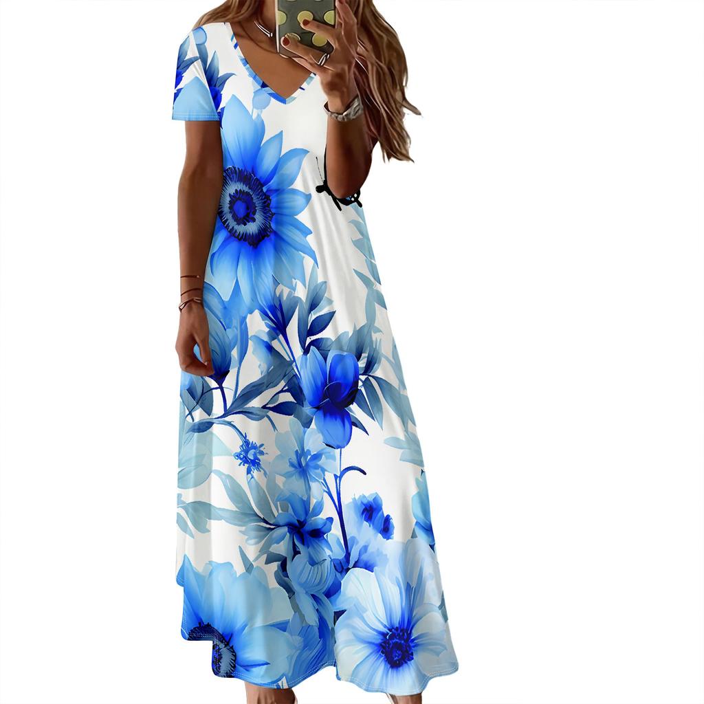 Summer Women's Short Sleeved V-neck Long Dress, 3D Fashionable Printed Pattern Dress, Casual Vacation Style.
