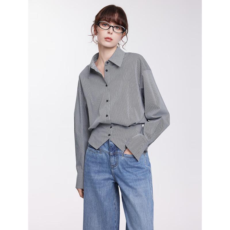 

ELLE Plaid Waist-Cinching Lapel Long-Sleeve Shirt L