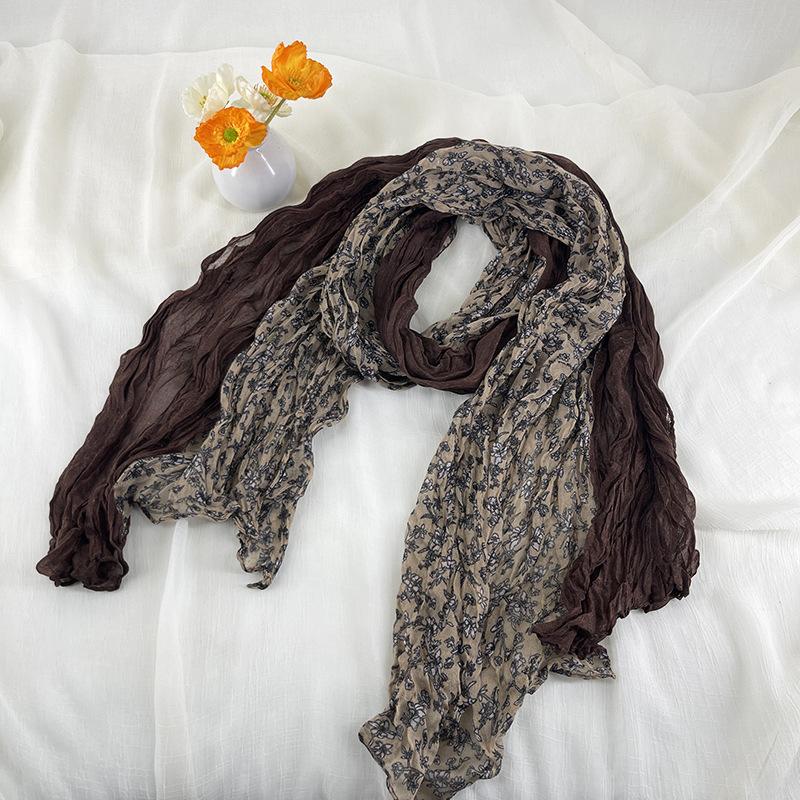Ethnic Style Pleated Floral Long Scarf Women Korean Retro Thin Shawl Fashionable Temperament Color Blocked Silk