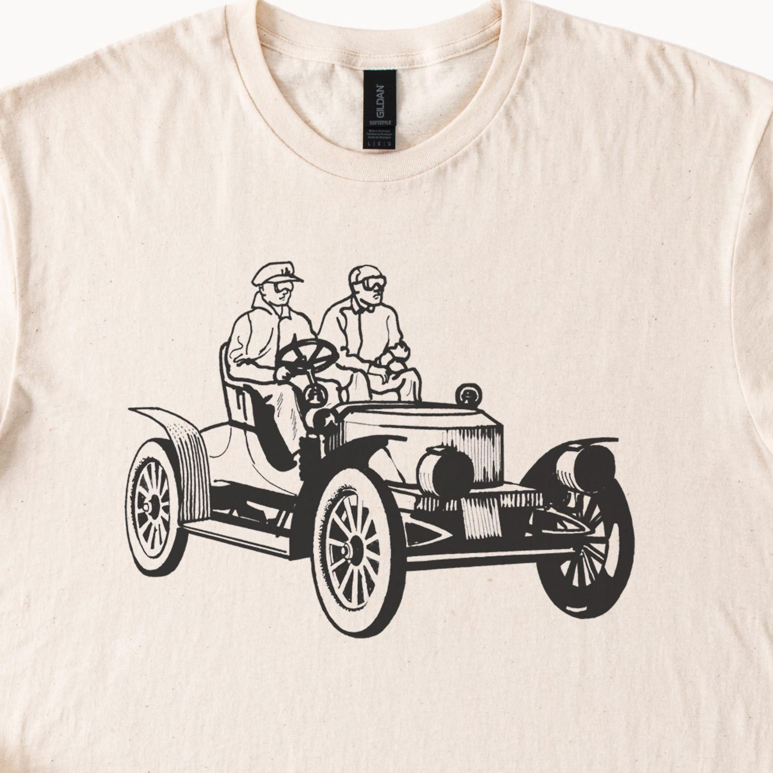 Vintage Car Ride Graphic Tee Antique Automobile Shirt Natural Retro Shirt Short Sleeve Beige Cotton Classic Car 110