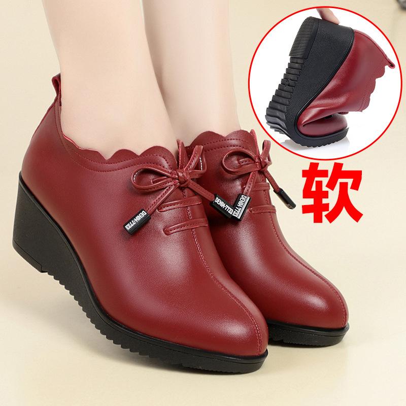 New Fashion Lace Platform Pumps Casual Wedge Waterproof Pointed Toe Soft Leather Shoes for Women Spring Autumn