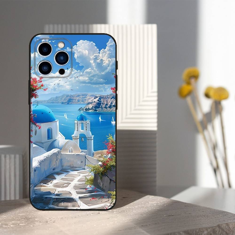 Painted Art House Scenery Case For iPhone 15,16,12,14,17,13,11,Plus,Pro Max,8,7,XR,SE,XS,X,Mini,Soft Silicone Black