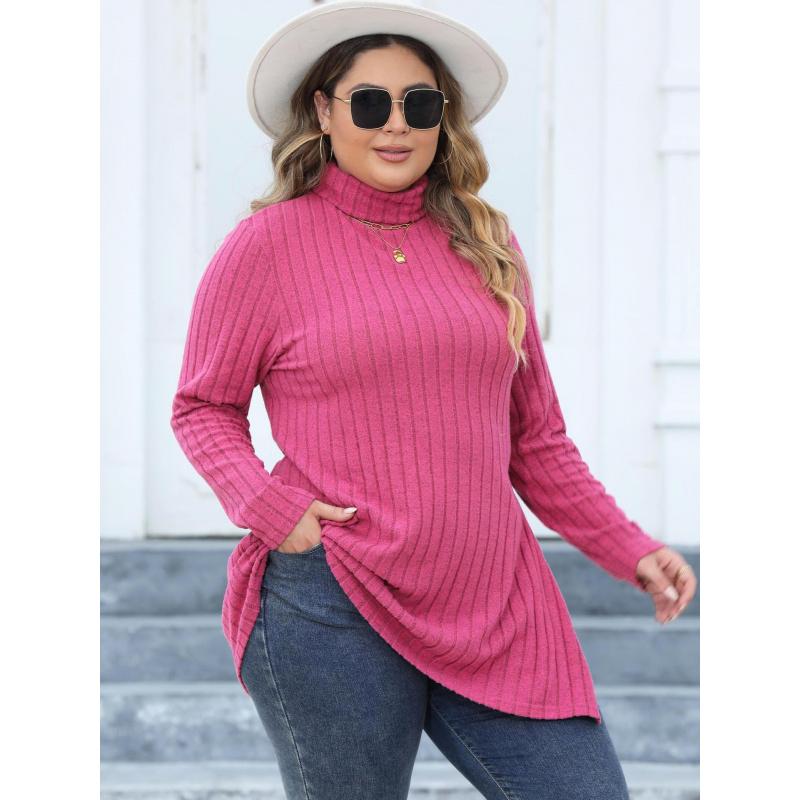 Women's Plus Size High Neck Slim Fit Base Shirt Ribbed Striped Split Mid-Length T-Shirt