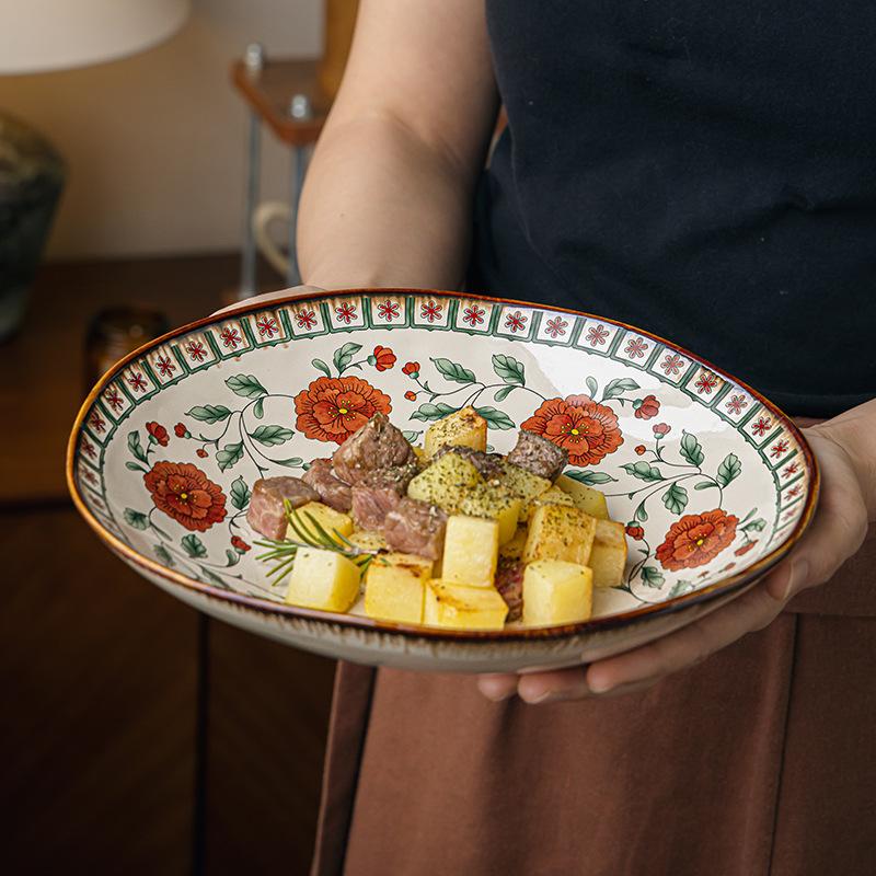 Guofeng Special-Shaped Deep Plate 9-Inch Ceramic Plate High-Value Salad Plate Restaurant Chinese Bowl Export