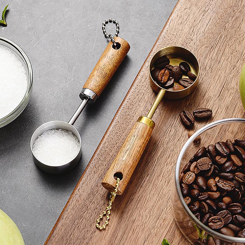 Stainless Steel Measure Spoon Flat Bottom Hangable Measuring Cup Rustproof With Wood Handle Kitchen Coffee Measure Tools